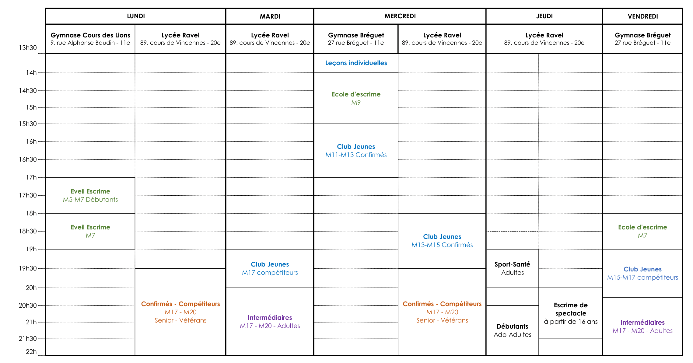 Planning cours escrime 2026-2027